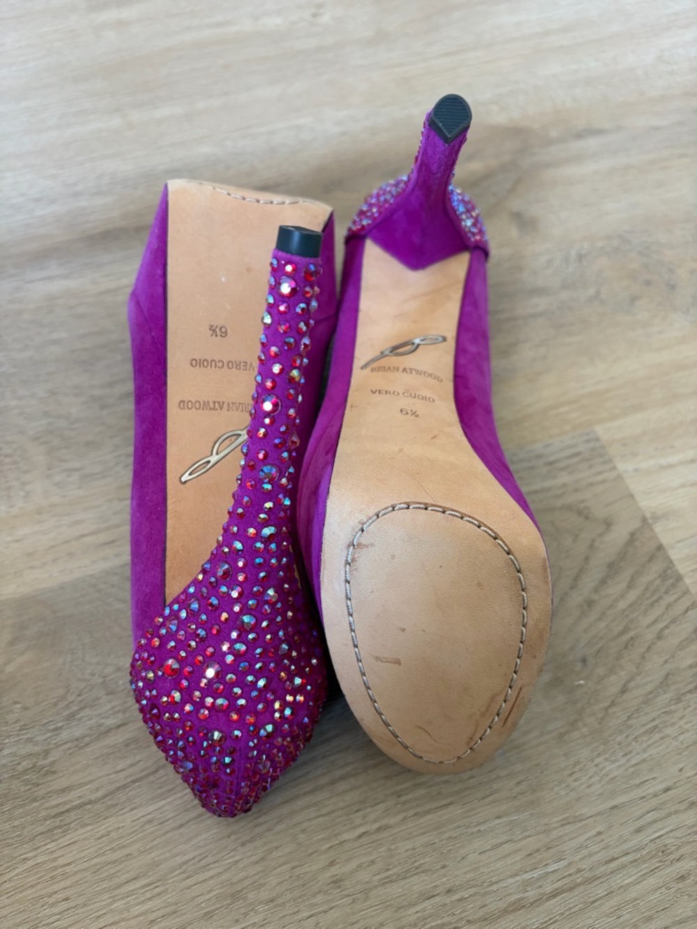 Brian Atwood Platform Peep-Toe Heels with Crystal Accents - Picture 4 of 7